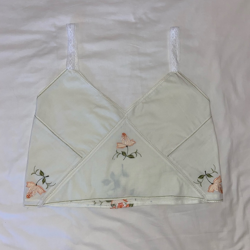 HANDMADE Patchwork Embroidered Off White Cropped Tank Top